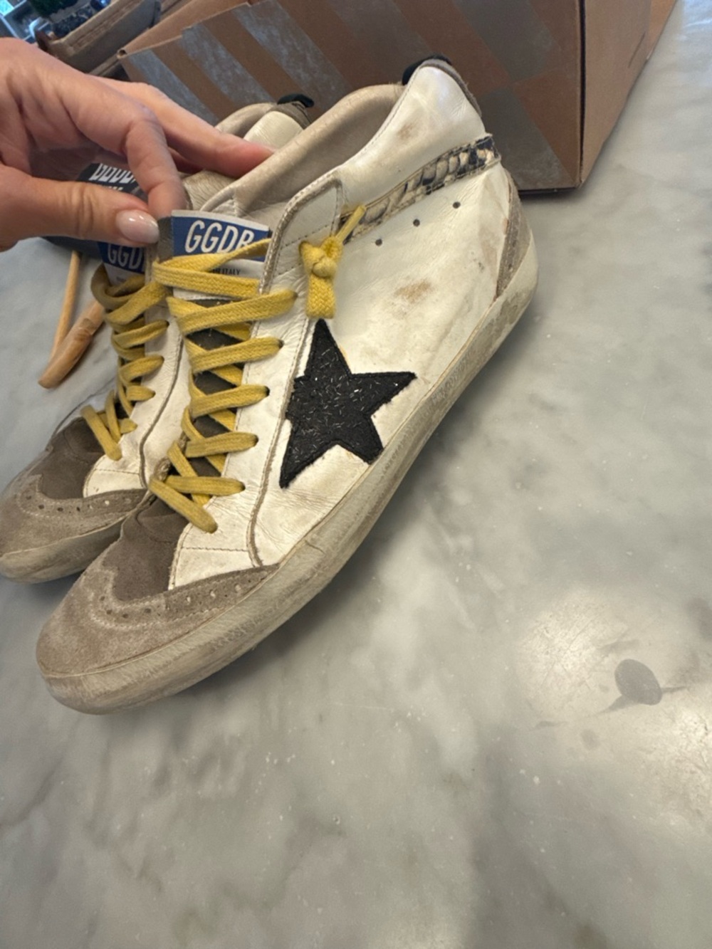 100% Authentic Golden Goose White, Gray and Yellow Sneakers w/ Yellow Laces - Picture 3 of 16